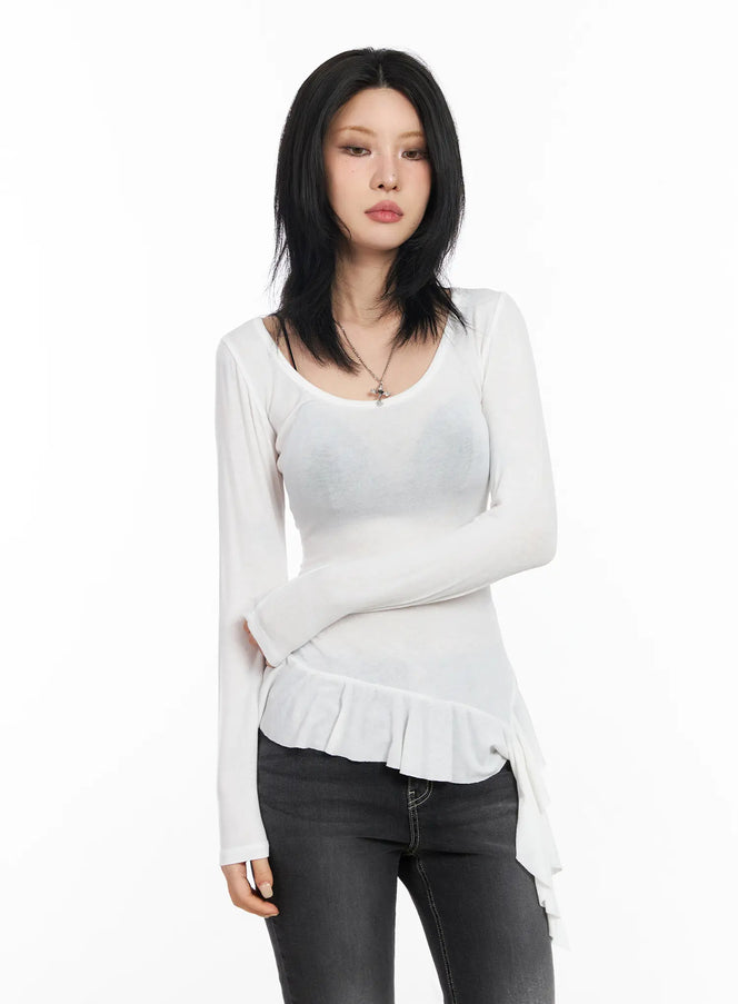asymmetric-ruffle-edge-u-neck-top-cd1202 / White
