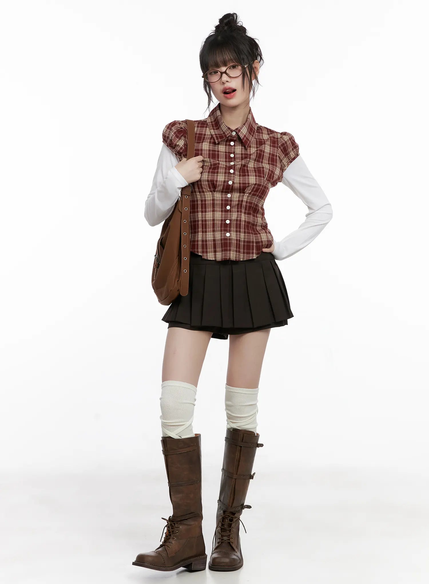 plaid-puff-sleeve-top-cg519