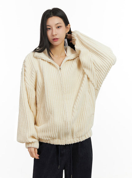 Ribbed Fuzzy Oversized Zip-Up IJ503