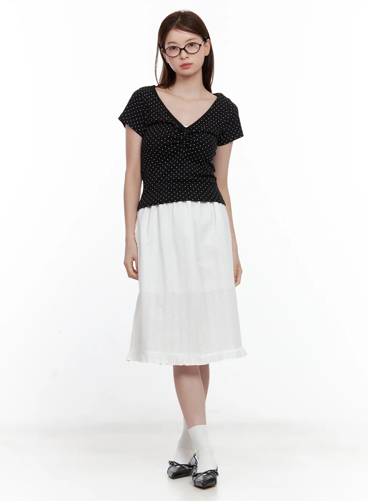 polka-dot-shirred-v-neck-top