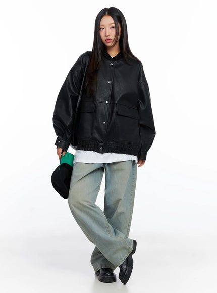 Oversized Faux Leather Baseball Jacket CO515