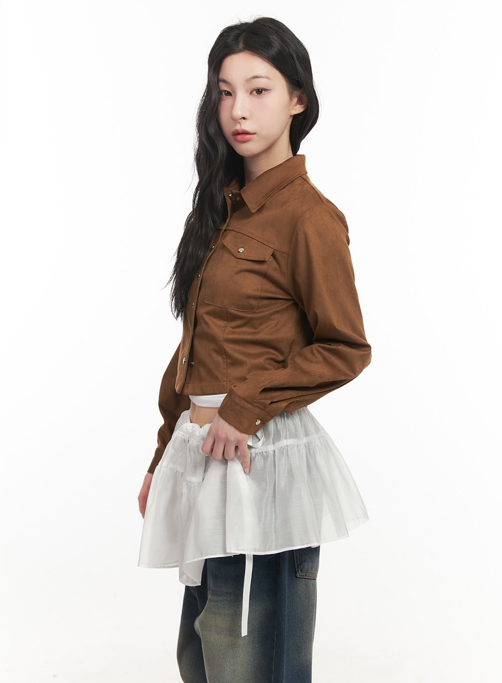 Suede Collared Long-Sleeve Crop Shirt CF513