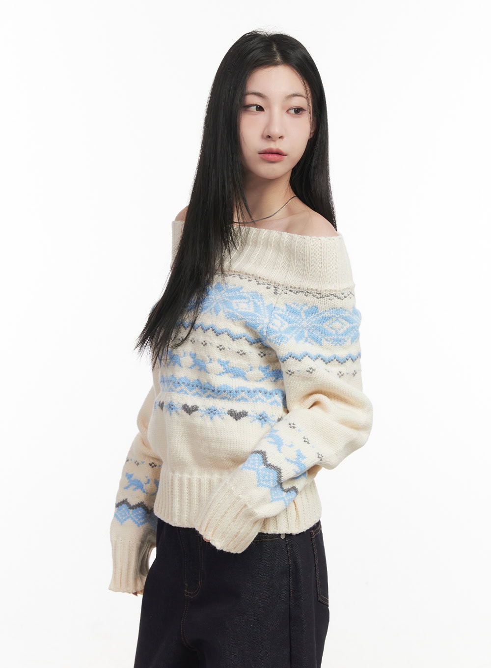 Nordic Print Off-Shoulder Sweater CF514