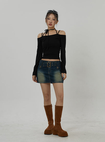 Neck Ribbon Detail Long Sleeve Cropped Top CD21