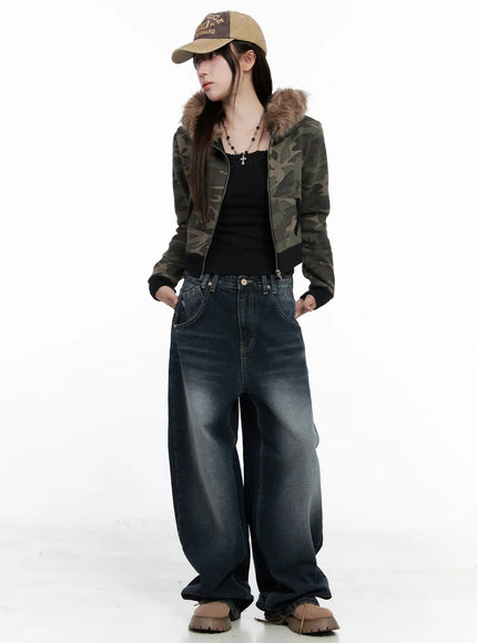 Camo Faux Fur Crop Zip-Up Hoodie CO521