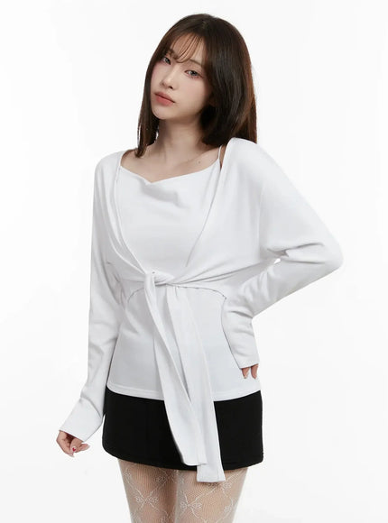 Tie Layered Knit Cami Cardigan Set IJ516