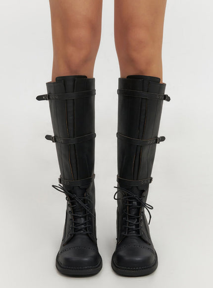 Lace-Up Buckle Faux-Leather Long Boots IF510