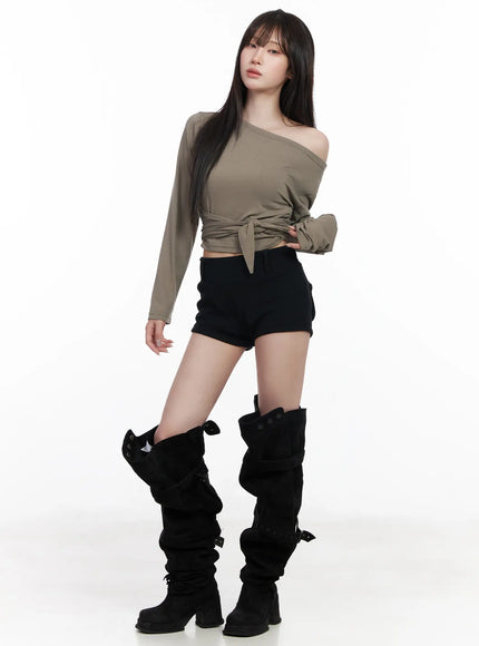 Off-Shoulder Wrap Tie Long Sleeve Top CF523