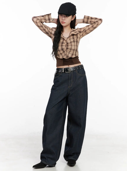 plaid-shirred-crop-long-sleeve-shirt-cn513