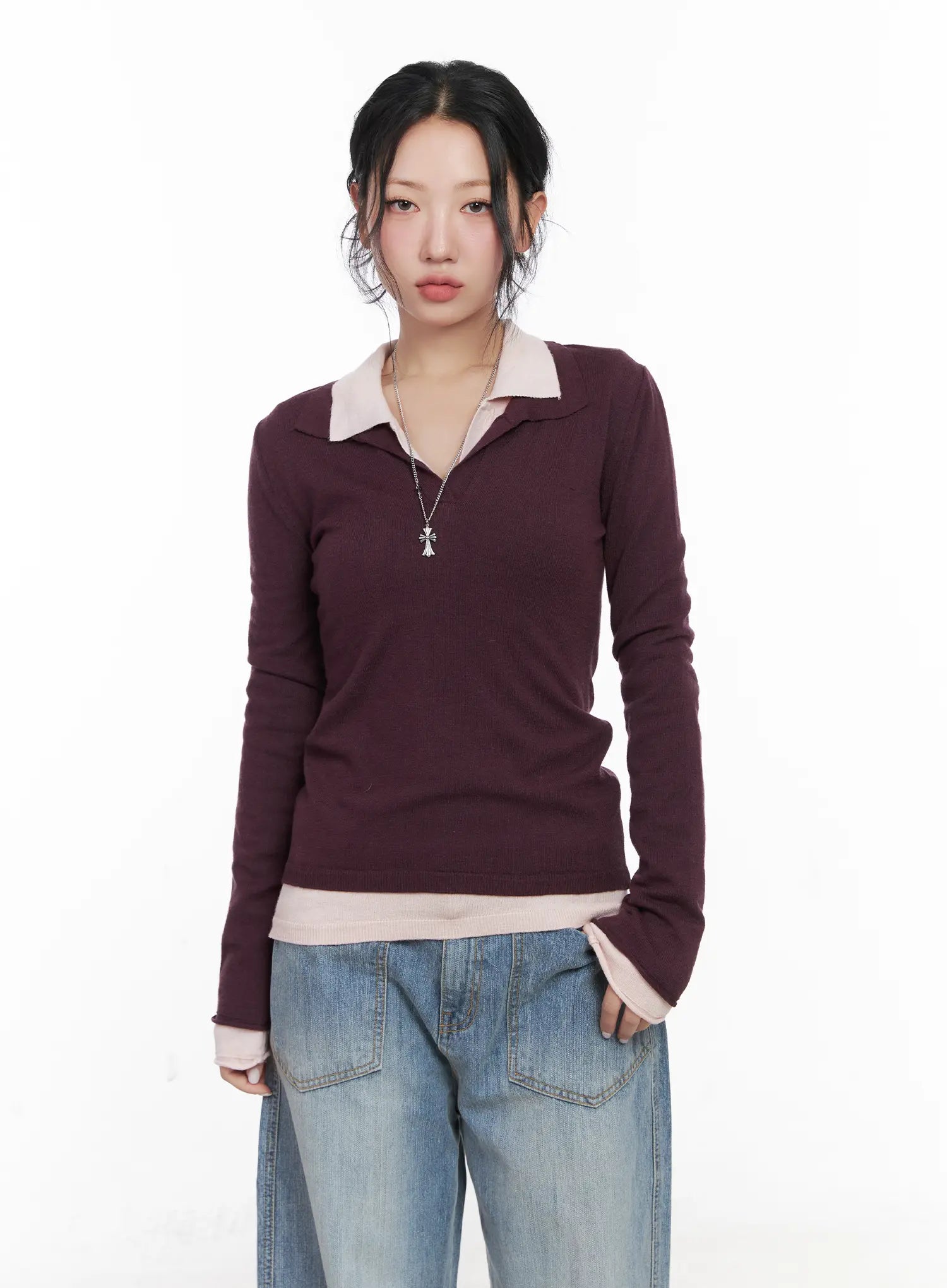 V-Neck Collar Long Sleeve Top CN514
