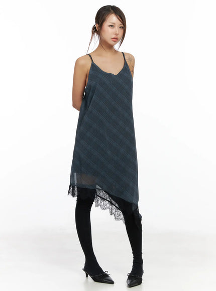 asymmetric-lace-trim-plaid-midi-dress-cf511