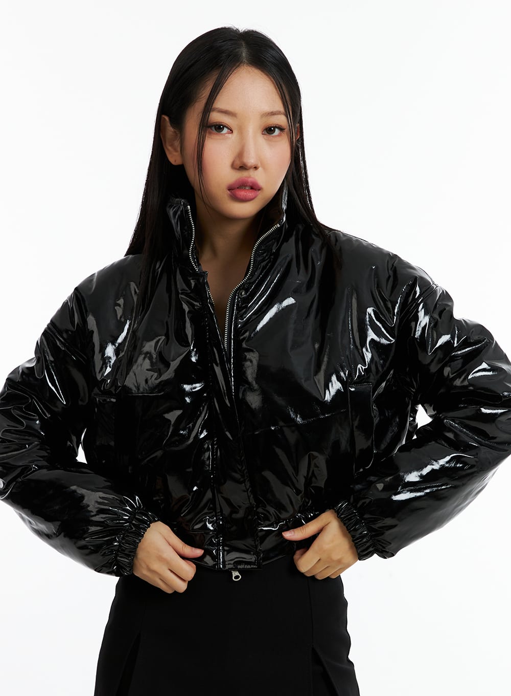 Womens Black Shiny Vinyl Puffer Jacket Cropped –