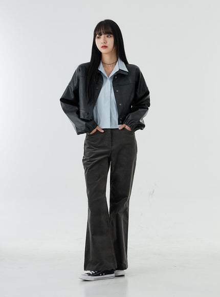 Faux Leather Button Crop Jacket OO26