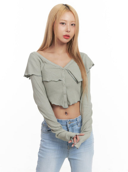 Frill Layered Long-Sleeve Button Crop Top CM505