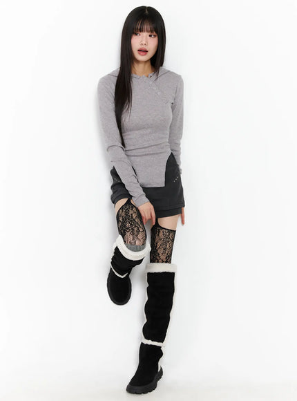 Diagonal Button Hooded Fleece Tee CJ501