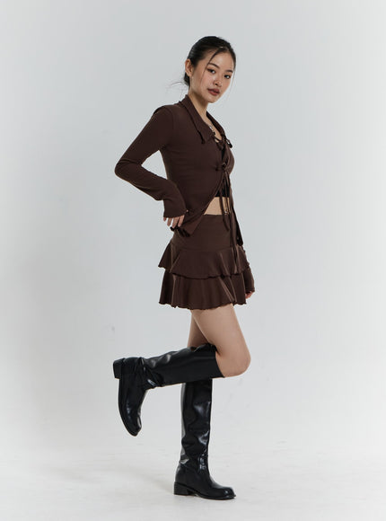 Front Tie Cardigan And Wavy Mini Skirt Set CN24