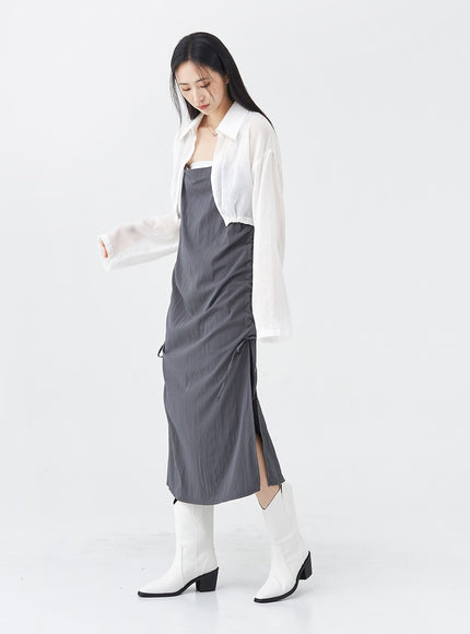 Side Shirring Sleeveless Strap Maxi Dress OG12