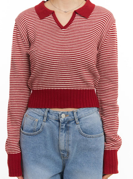 Cashmere-Blend Collared Stripe Crop Sweater CM512