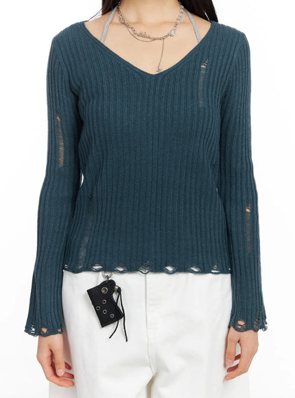 Distressed V-Neck Knit Sweater CF504