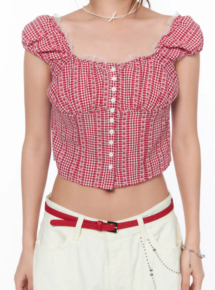 frill-trimmed-gingham-short-sleeve-blouse-ca514