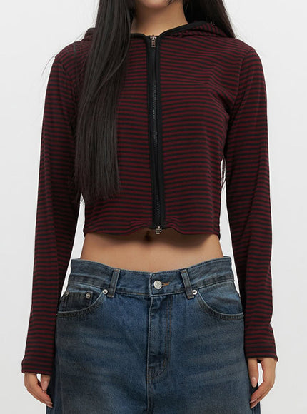 Striped Zip-Up Hooded Crop Jacket IF510