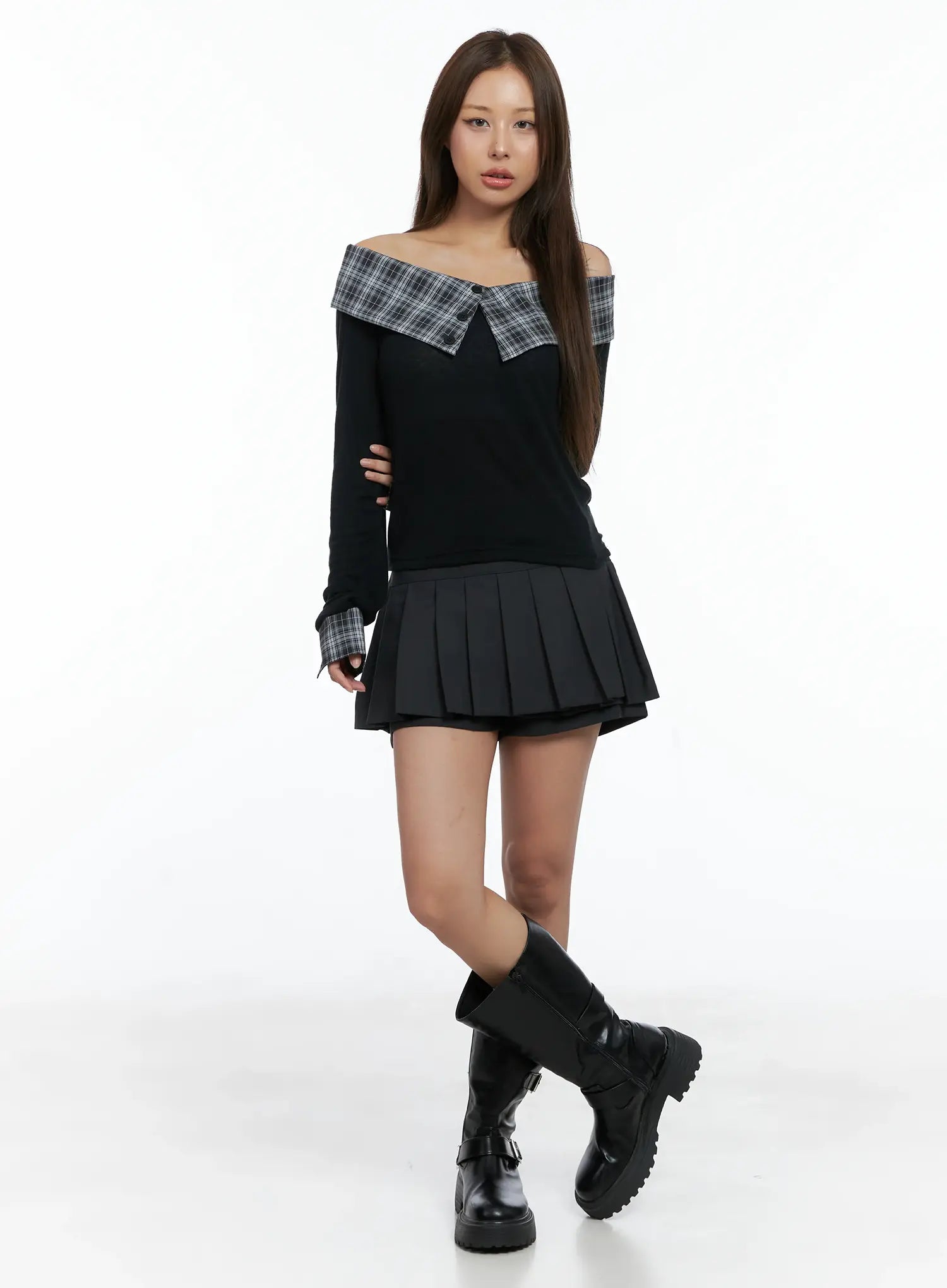 plaid-off-shoulder-long-sleeve-top-cs504