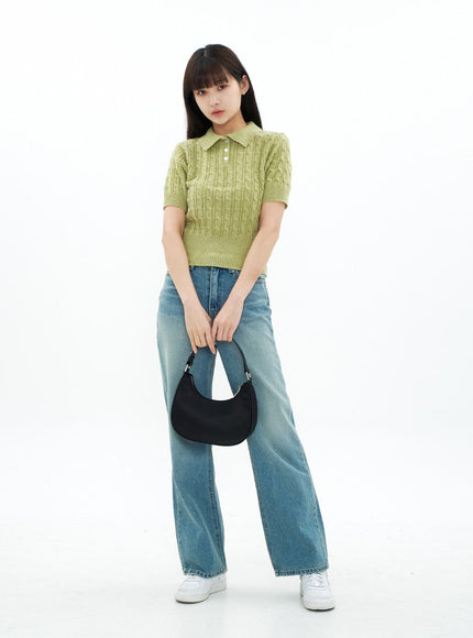 Cable Knit Collared Short-sleeve Sweater CA01