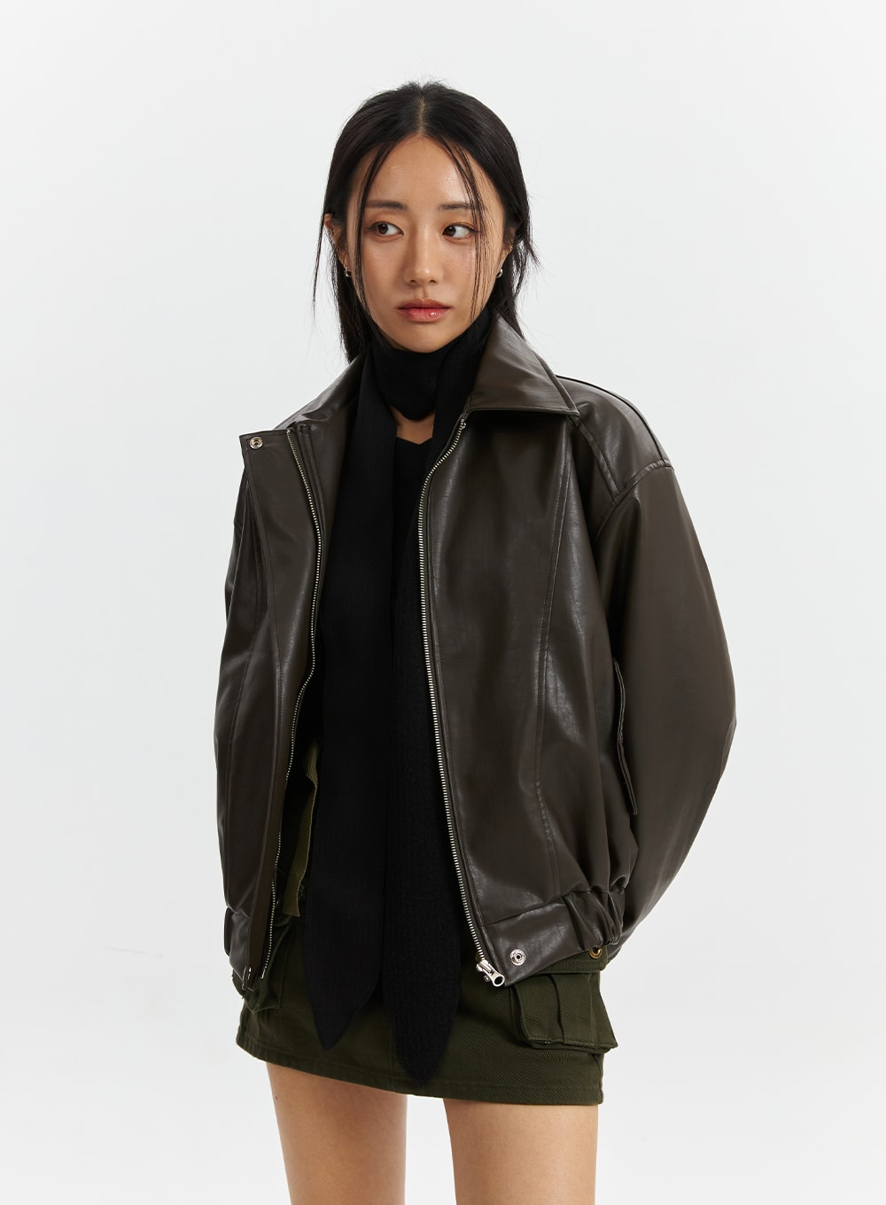 Black Faux Leather Bomber Jacket