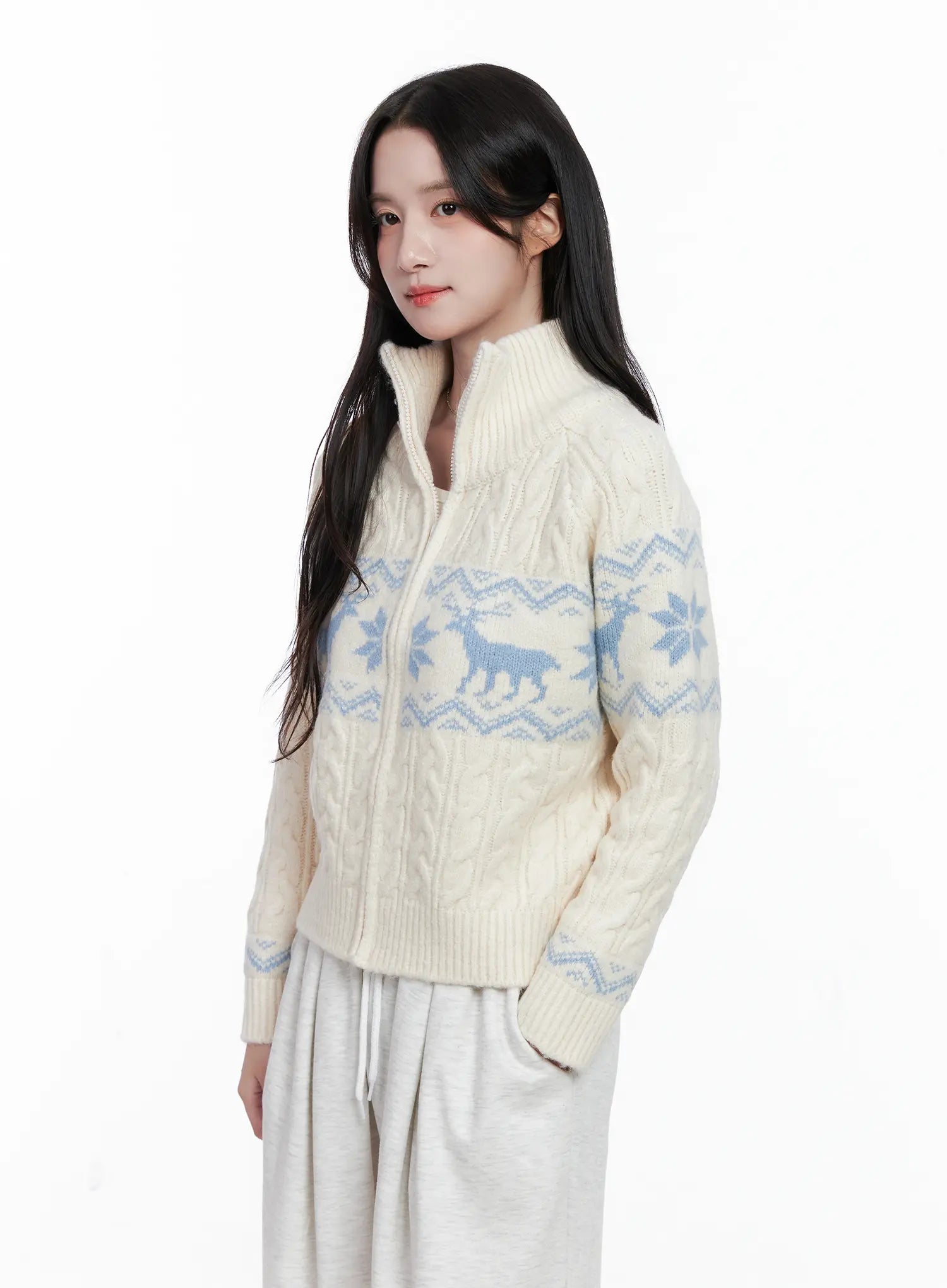 Cable Knit Funnel Neck Zip-Up Sweater CS523