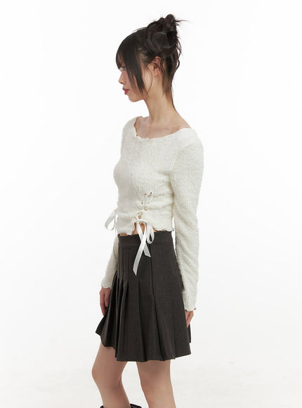 Ribbon Boat-Neck Long-Sleeve Crop Top CJ501