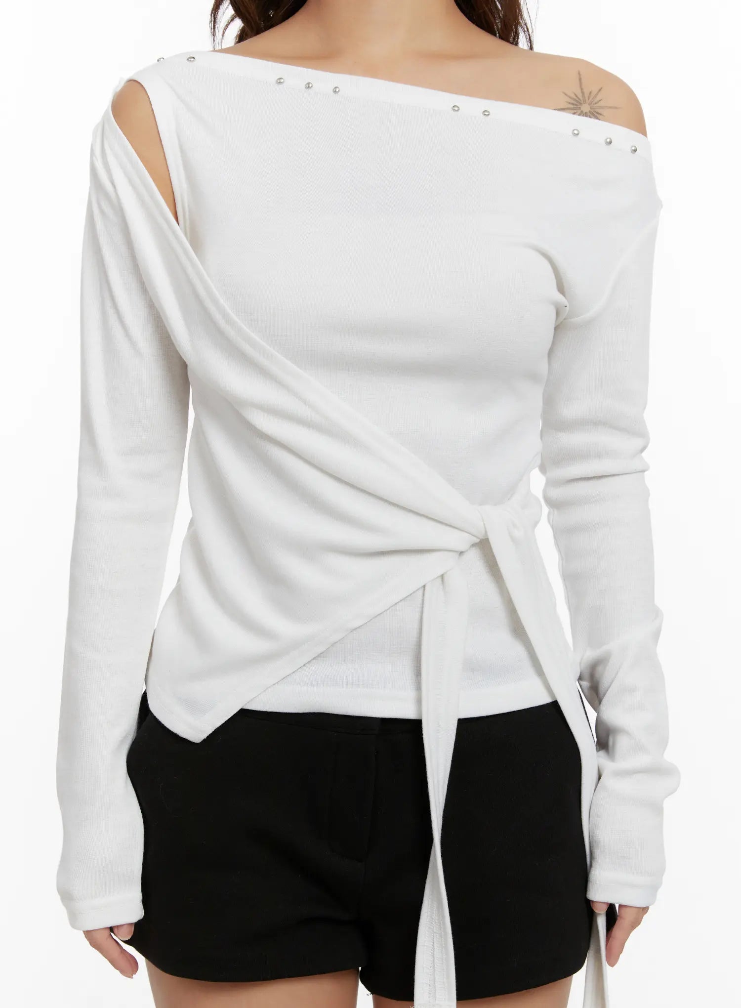 studded-off-shoulder-wrap-tie-long-sleeve-top-cd515