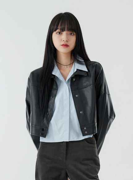 Faux Leather Button Crop Jacket OO26