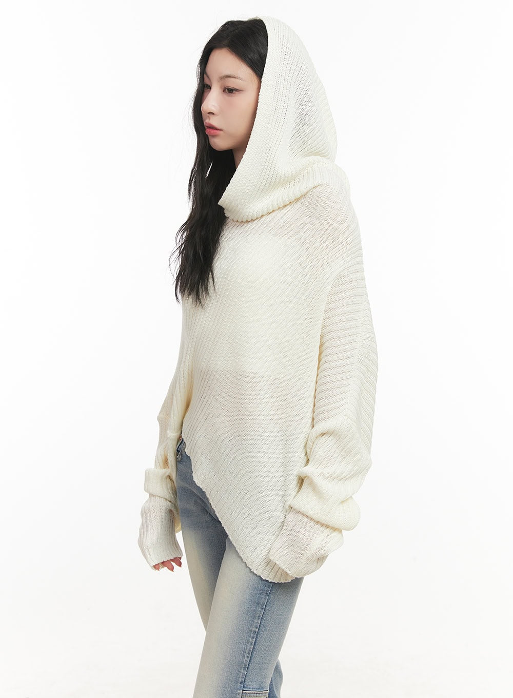 Ribbed Off-Shoulder Hooded Sweater CF513