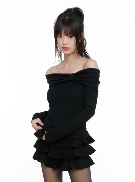 Ribbed Off-Shoulder Long Sleeve Top CG518