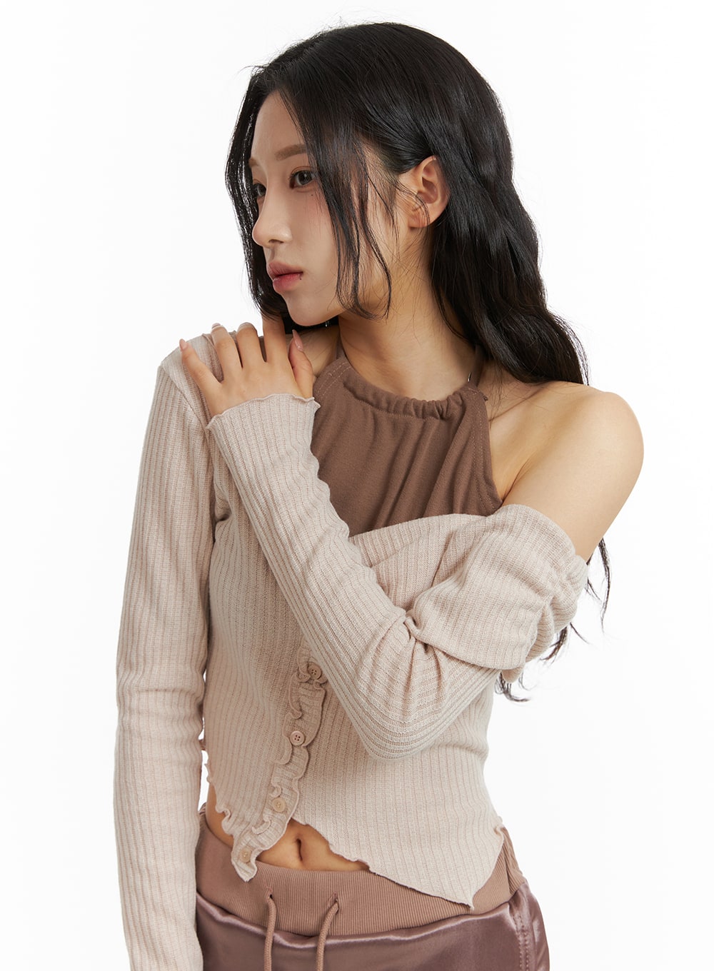 Asymmetrical One-Shoulder Solid Button Knitted Top CJ409