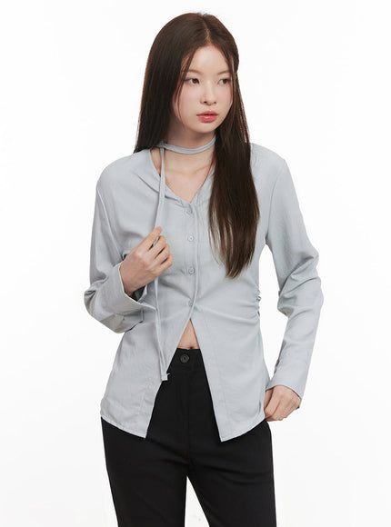 Slim-Fit Button-Down Blouse with Scarf IF505