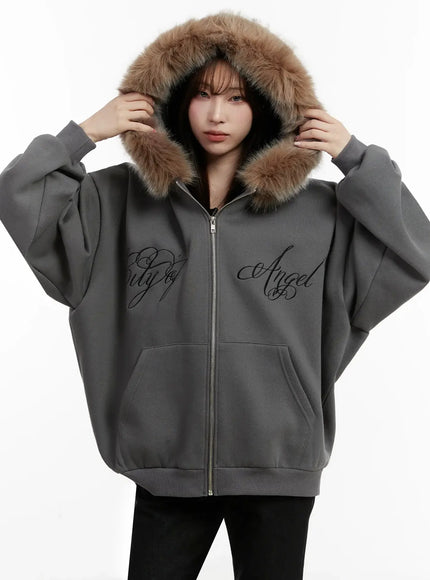 Faux Fur Printed Zip-Up Hoodie ID531