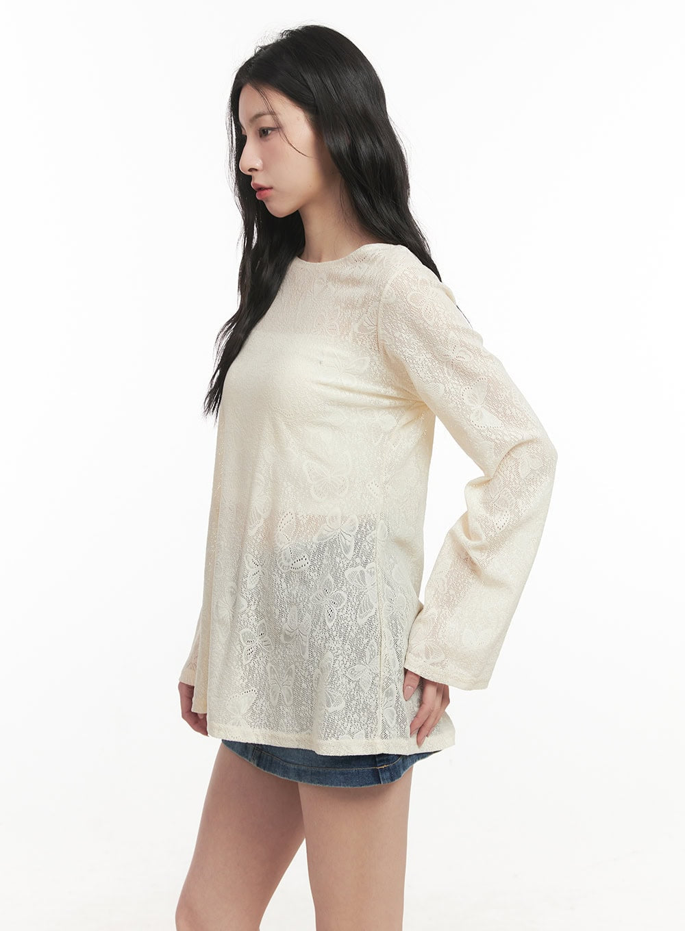 Butterfly Lace Sheer Long-Sleeve Top CF513