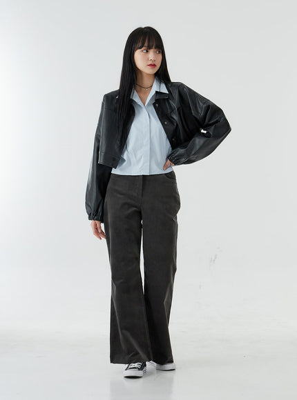 Faux Leather Button Crop Jacket OO26