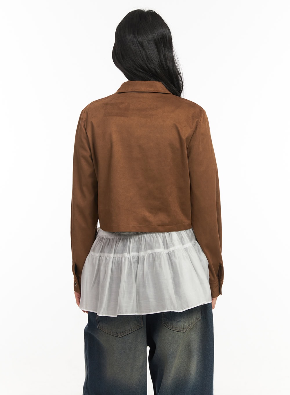 Suede Collared Long-Sleeve Crop Shirt CF513