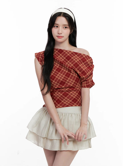plaid-asymmetric-ruched-off-shoulder-top-cl516