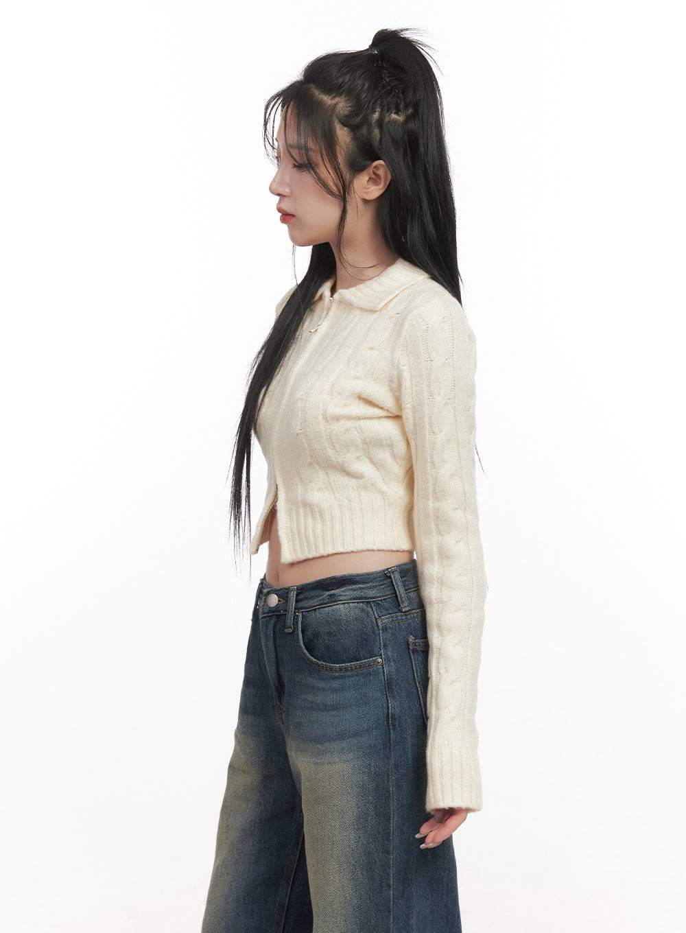 Cable-Knit Collared Zip-Up Crop Cardigan CJ516