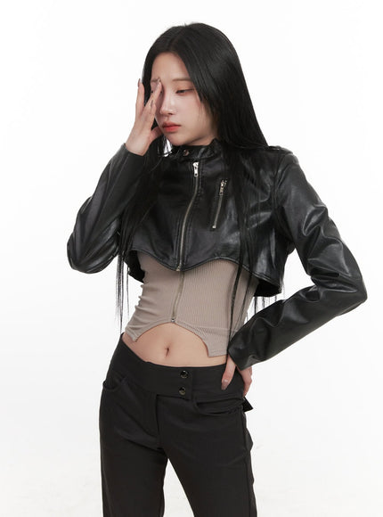 Chic Zip-Up Faux-Leather Crop Jacket CJ516