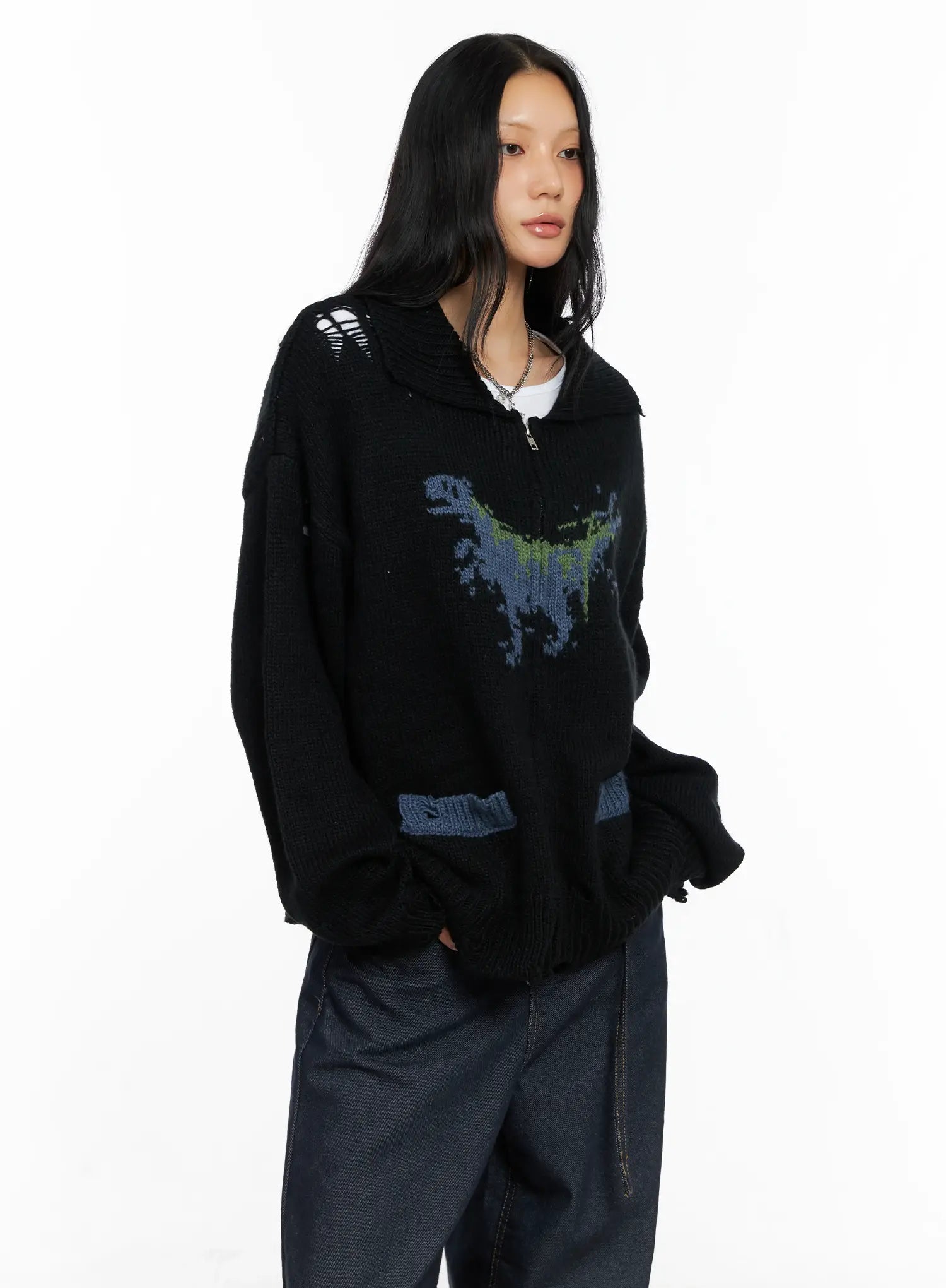 Oversized Distressed Knit Zip-Up CO528