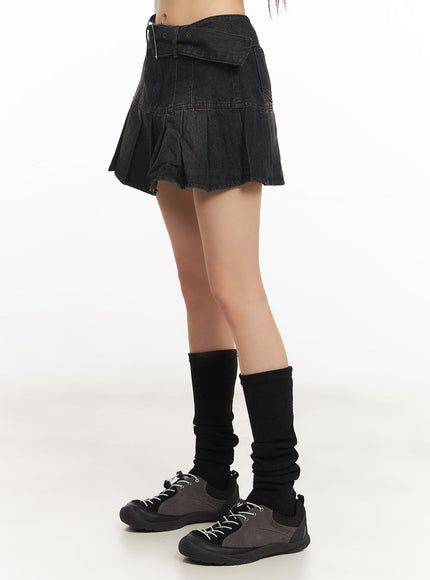 pleated-denim-buckle-mini-skirt-iy502