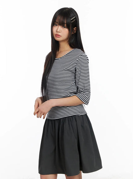 striped-three-quarter-sleeve-shirt-cf506-1 / Black