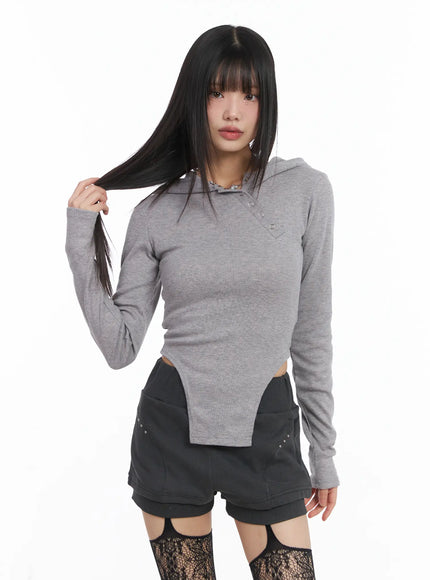 Diagonal Button Hooded Fleece Tee CJ501