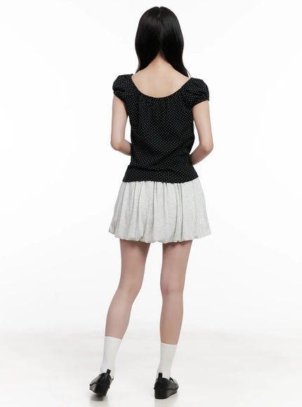 polka-dot-puff-sleeve-ribbon-top-cl516