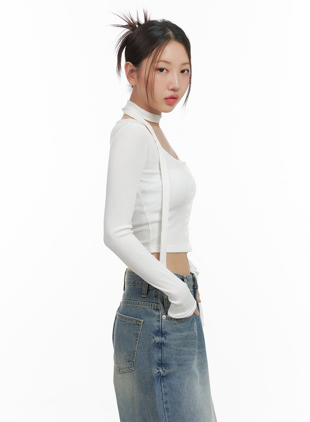 buttoned-long-sleeve-cardigan-thin-scarf-set-cs405