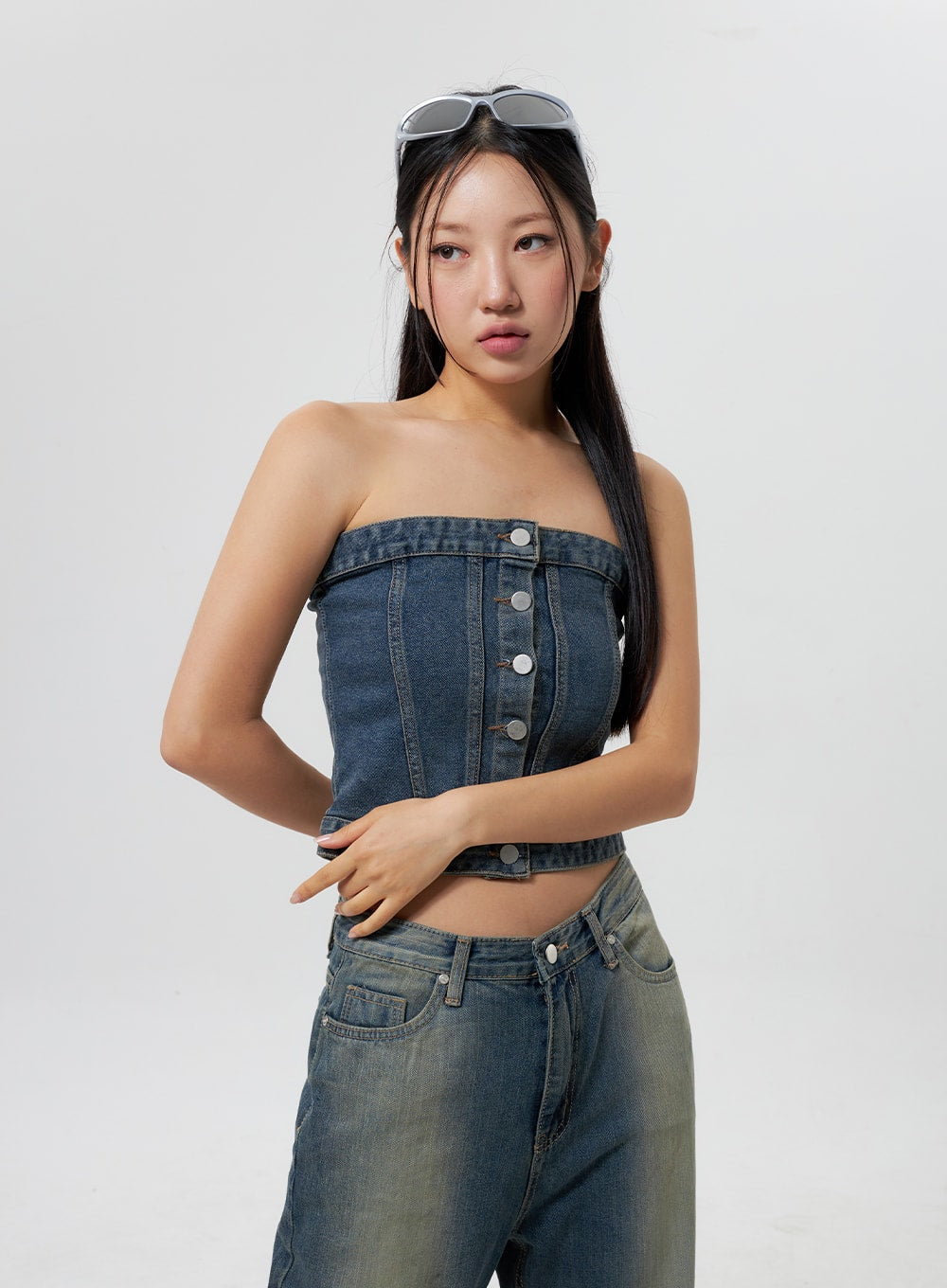 denim-button-tube-top-cy323